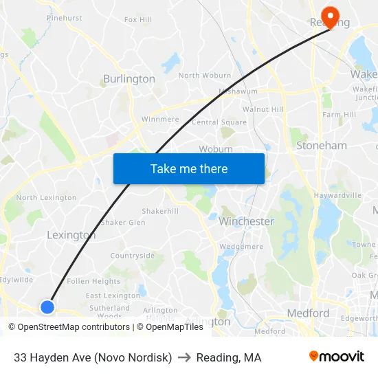 33 Hayden Ave (Novo Nordisk) to Reading, MA map