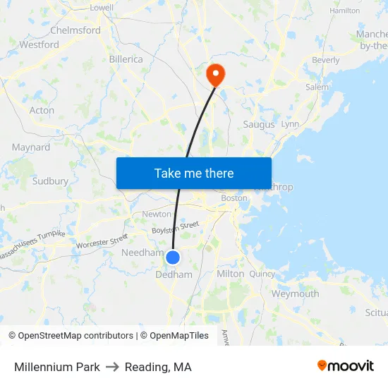 Millennium Park to Reading, MA map
