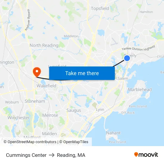 Cummings Center to Reading, MA map