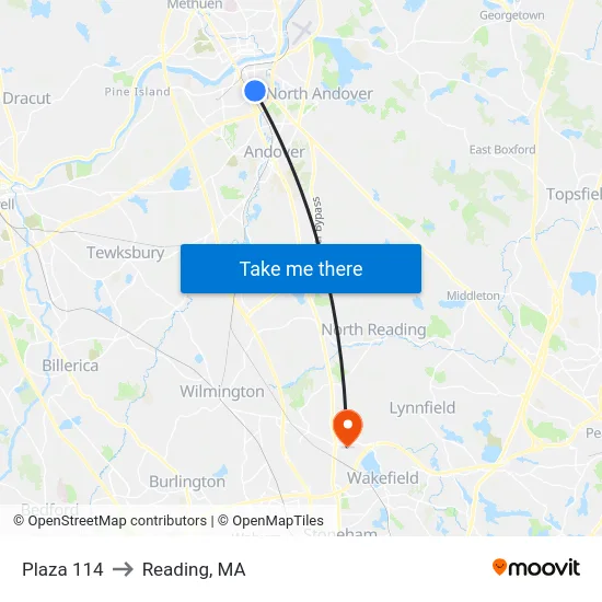 Plaza 114 to Reading, MA map