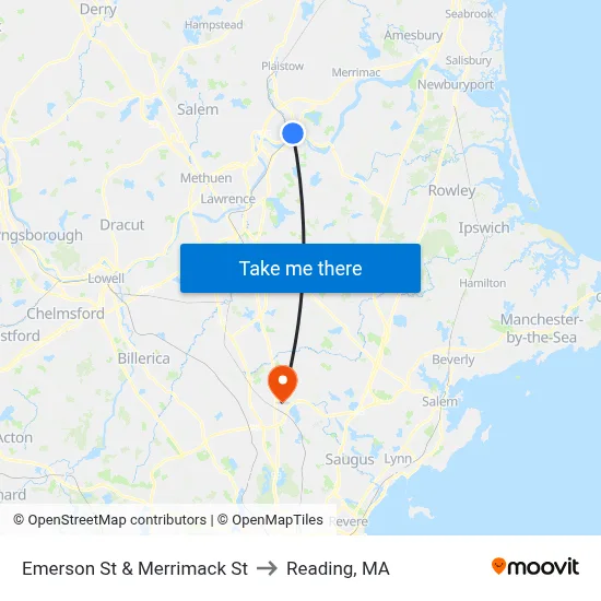 Emerson St & Merrimack St to Reading, MA map
