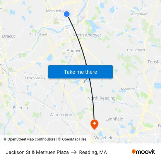 Jackson St & Methuen Plaza to Reading, MA map