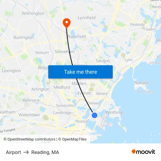 Airport to Reading, MA map