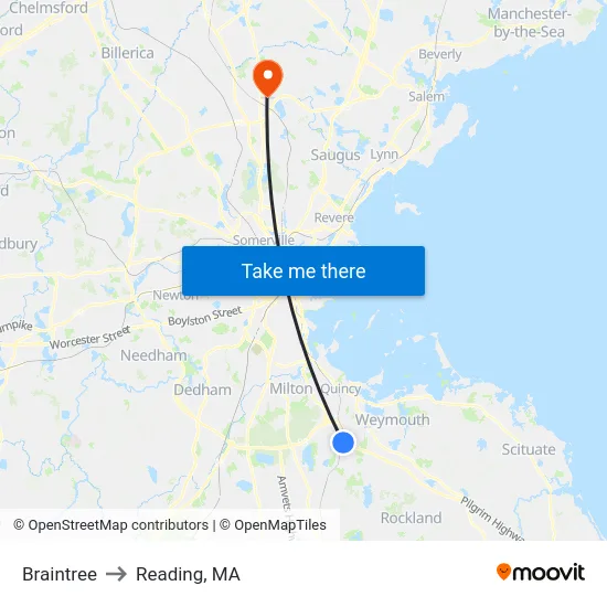 Braintree to Reading, MA map