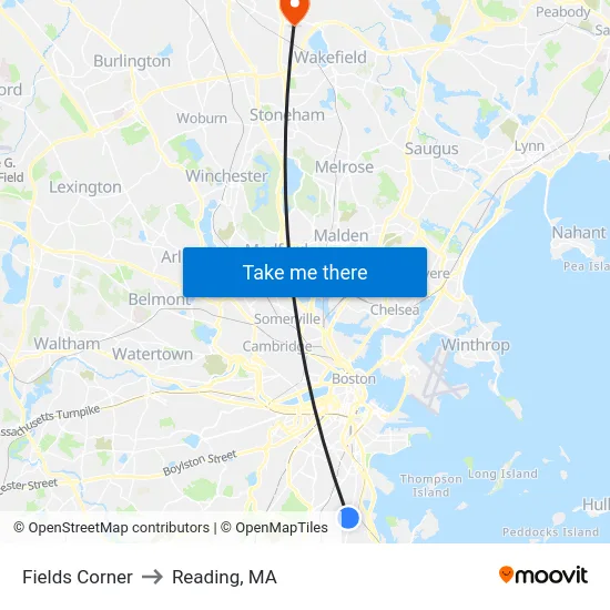 Fields Corner to Reading, MA map