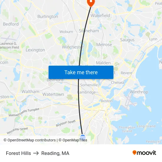 Forest Hills to Reading, MA map