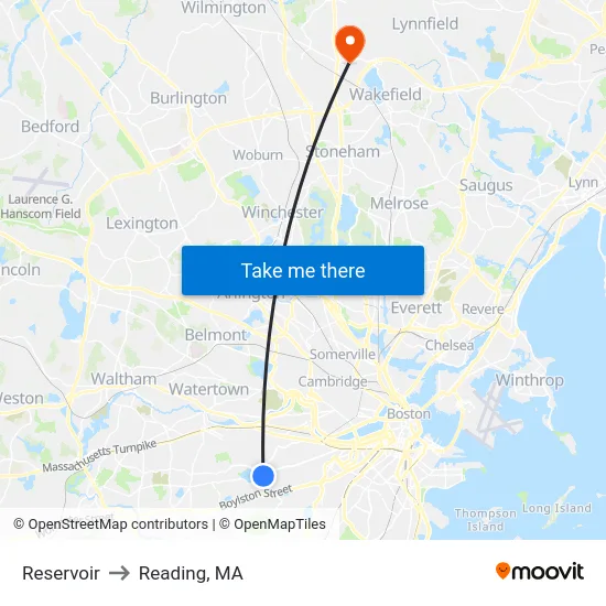 Reservoir to Reading, MA map