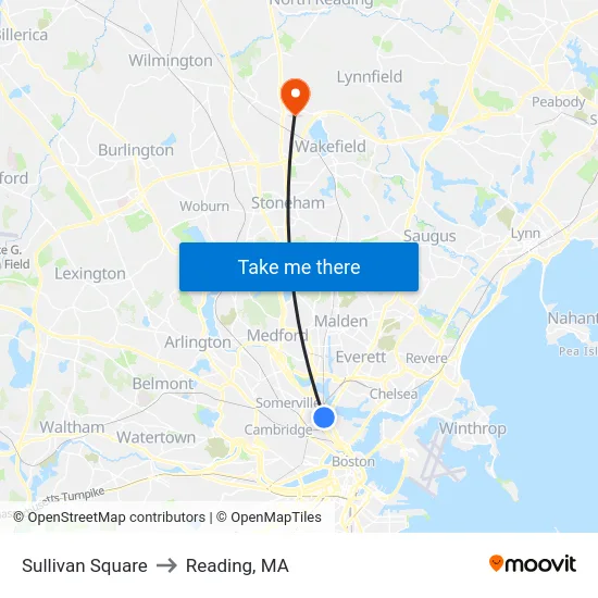 Sullivan Square to Reading, MA map
