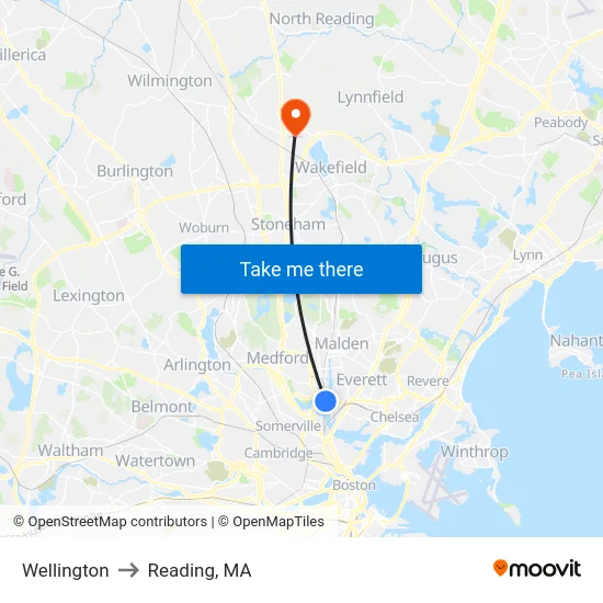 Wellington to Reading, MA map