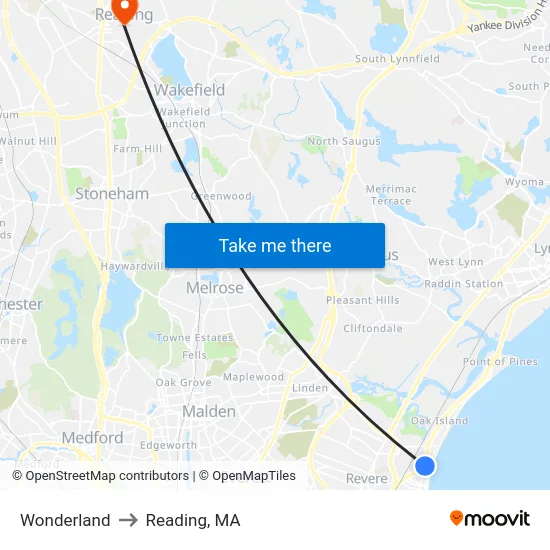 Wonderland to Reading, MA map