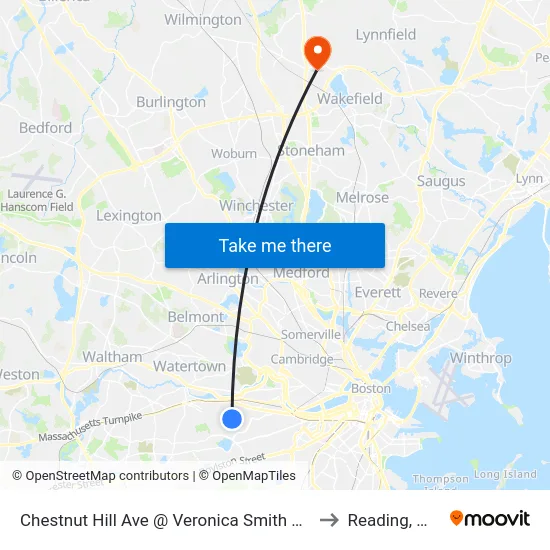 Chestnut Hill Ave @ Veronica Smith Ctr to Reading, MA map
