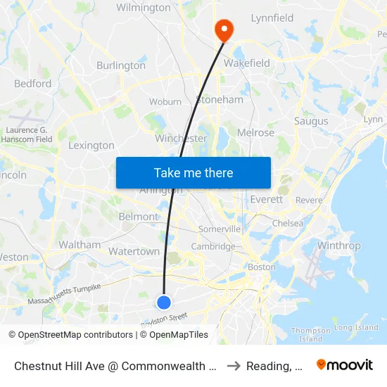 Chestnut Hill Ave @ Commonwealth Ave to Reading, MA map