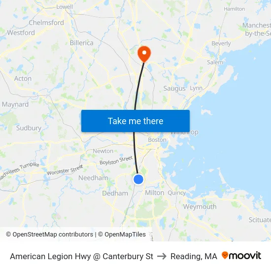 American Legion Hwy @ Canterbury St to Reading, MA map