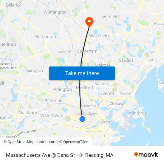 Massachusetts Ave @ Dana St to Reading, MA map
