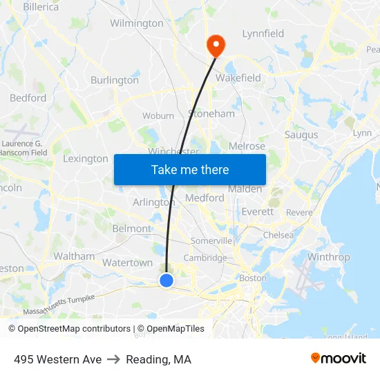 495 Western Ave to Reading, MA map
