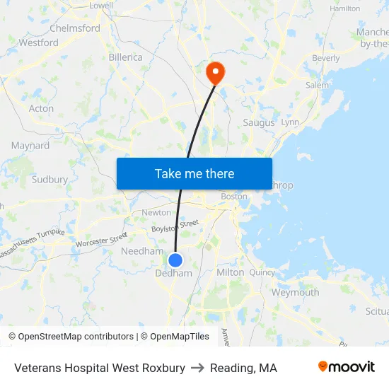 Veterans Hospital West Roxbury to Reading, MA map