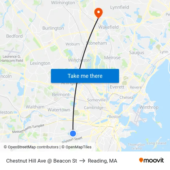 Chestnut Hill Ave @ Beacon St to Reading, MA map