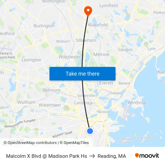 Malcolm X Blvd @ Madison Park Hs to Reading, MA map