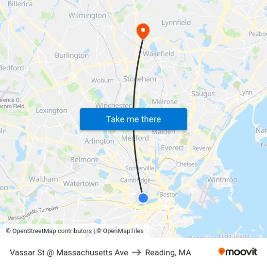 Vassar St @ Massachusetts Ave to Reading, MA map