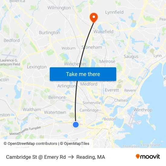Cambridge St @ Emery Rd to Reading, MA map