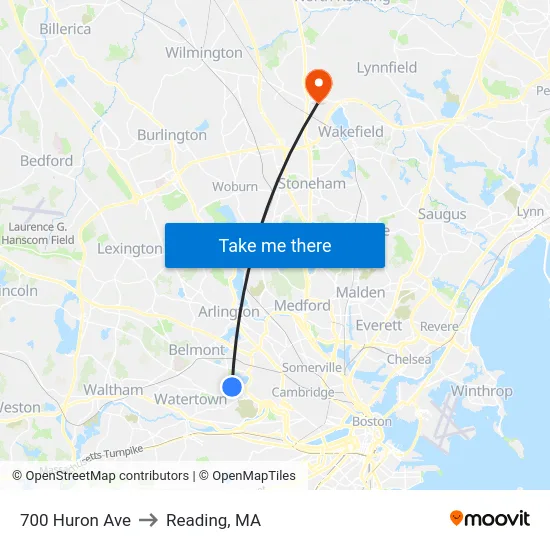 700 Huron Ave to Reading, MA map