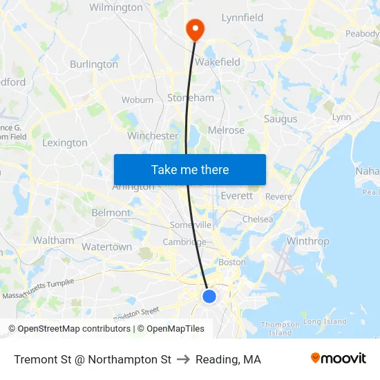 Tremont St @ Northampton St to Reading, MA map
