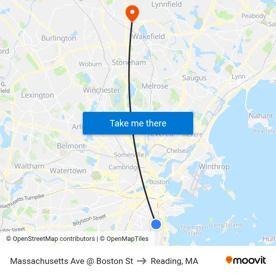 Massachusetts Ave @ Boston St to Reading, MA map