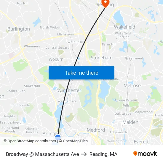 Broadway @ Massachusetts Ave to Reading, MA map