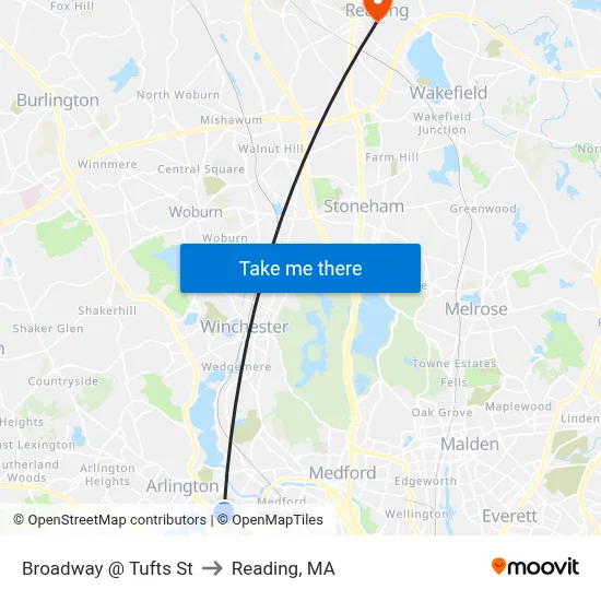 Broadway @ Tufts St to Reading, MA map
