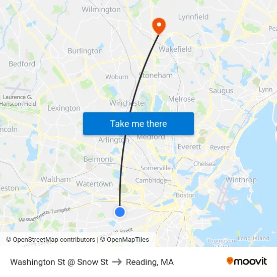 Washington St @ Snow St to Reading, MA map