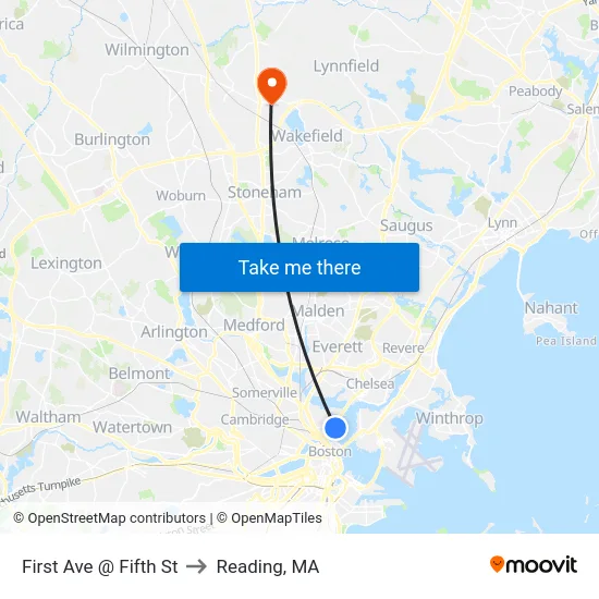 First Ave @ Fifth St to Reading, MA map