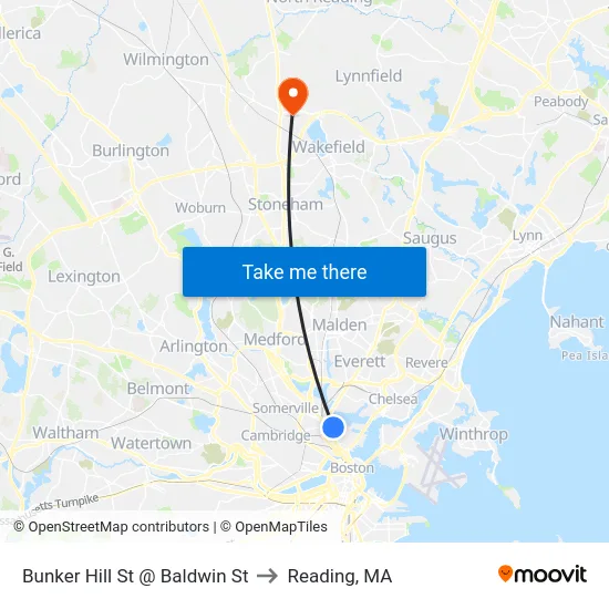 Bunker Hill St @ Baldwin St to Reading, MA map