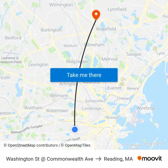 Washington St @ Commonwealth Ave to Reading, MA map