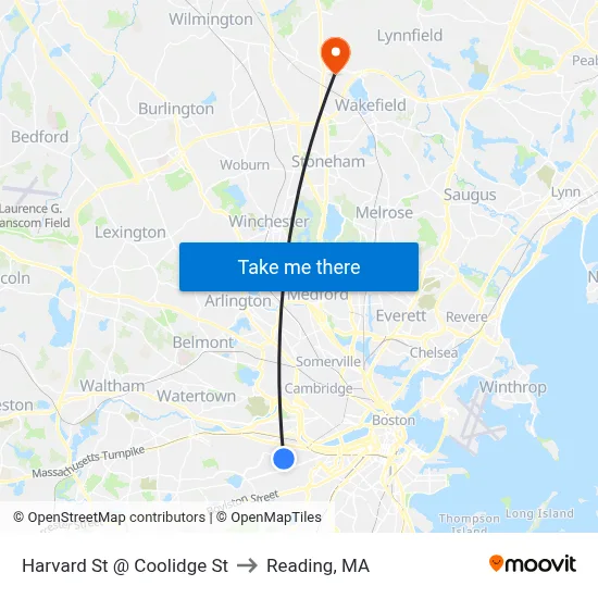 Harvard St @ Coolidge St to Reading, MA map