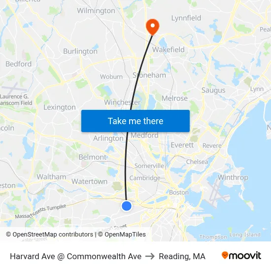 Harvard Ave @ Commonwealth Ave to Reading, MA map