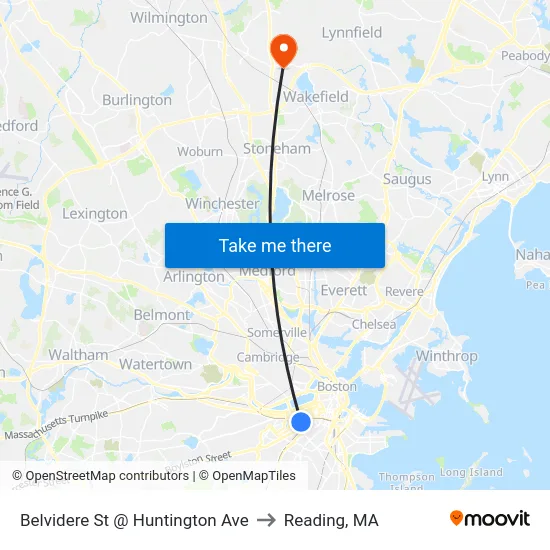 Belvidere St @ Huntington Ave to Reading, MA map
