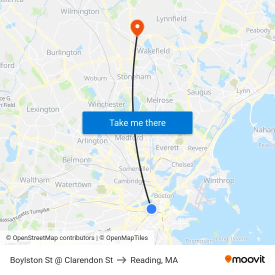 Boylston St @ Clarendon St to Reading, MA map