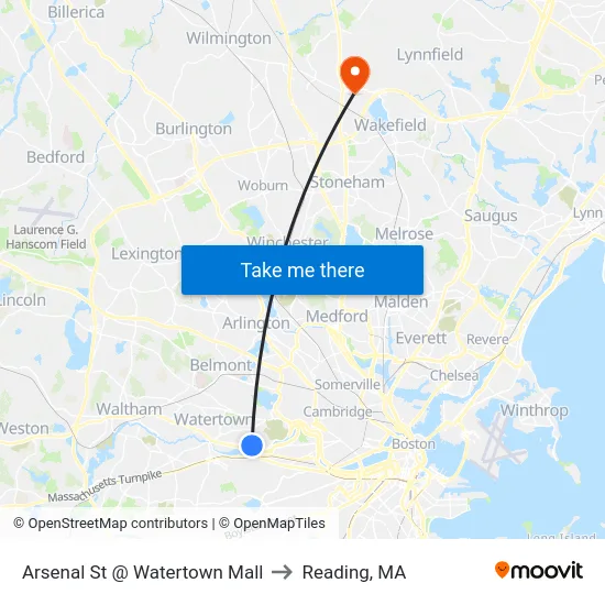 Arsenal St @ Watertown Mall to Reading, MA map