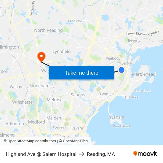 Highland Ave @ Salem Hospital to Reading, MA map