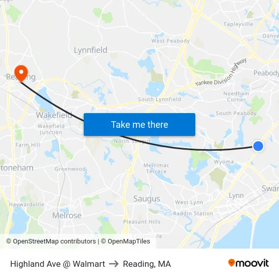 Highland Ave @ Walmart to Reading, MA map