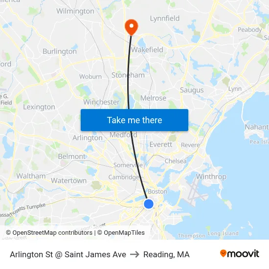 Arlington St @ Saint James Ave to Reading, MA map