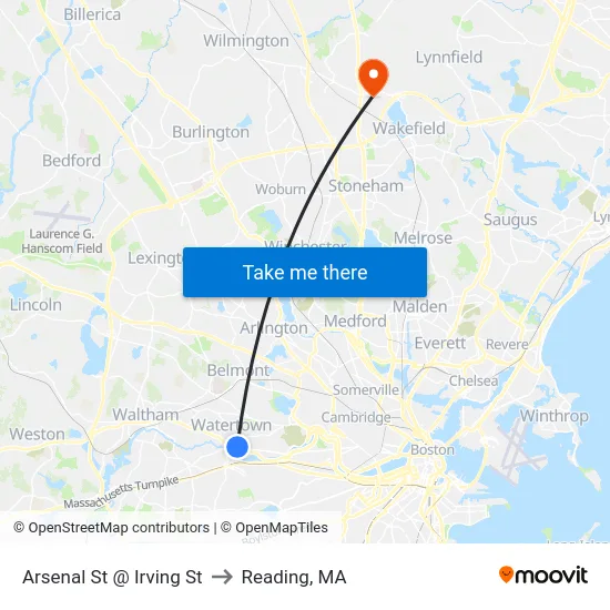 Arsenal St @ Irving St to Reading, MA map