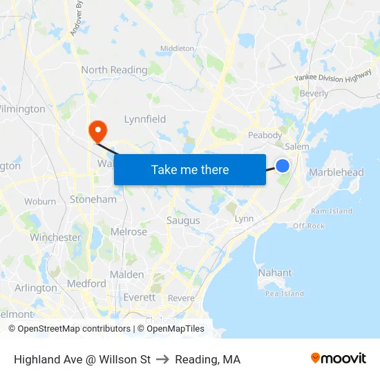 Highland Ave @ Willson St to Reading, MA map
