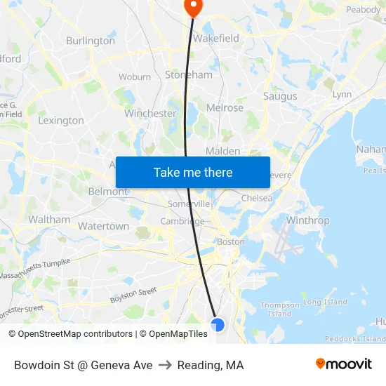 Bowdoin St @ Geneva Ave to Reading, MA map