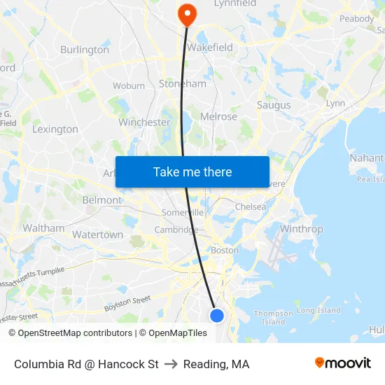 Columbia Rd @ Hancock St to Reading, MA map