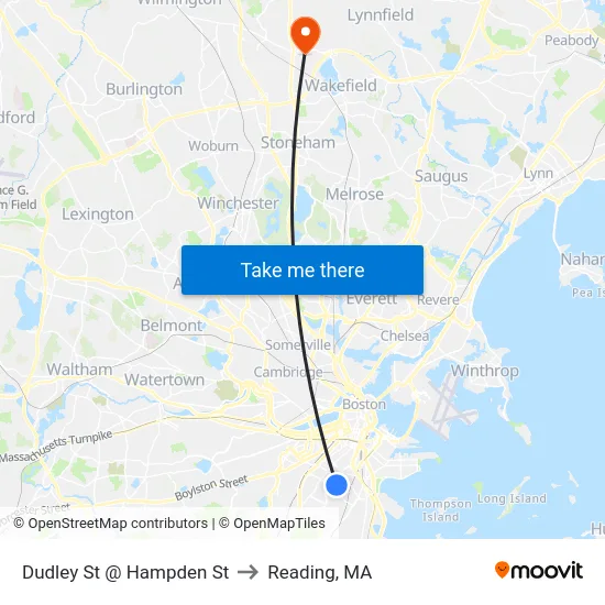 Dudley St @ Hampden St to Reading, MA map