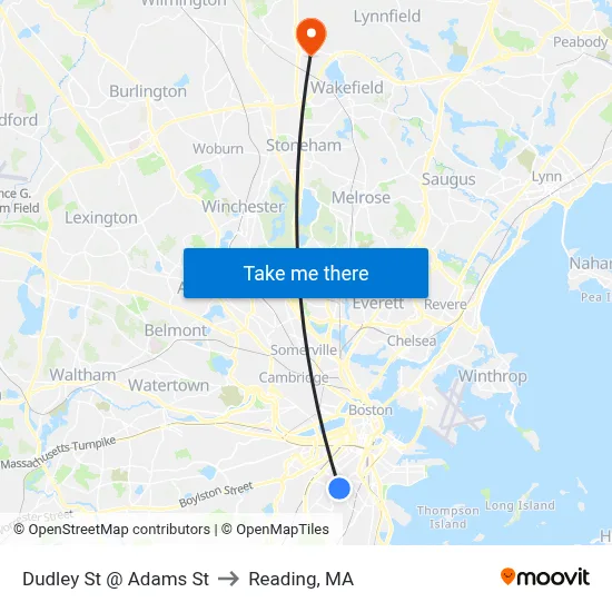 Dudley St @ Adams St to Reading, MA map