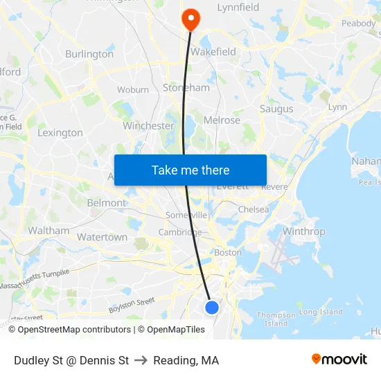 Dudley St @ Dennis St to Reading, MA map