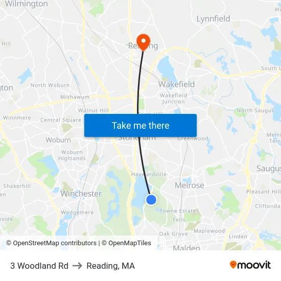 3 Woodland Rd to Reading, MA map