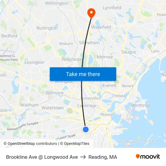 Brookline Ave @ Longwood Ave to Reading, MA map